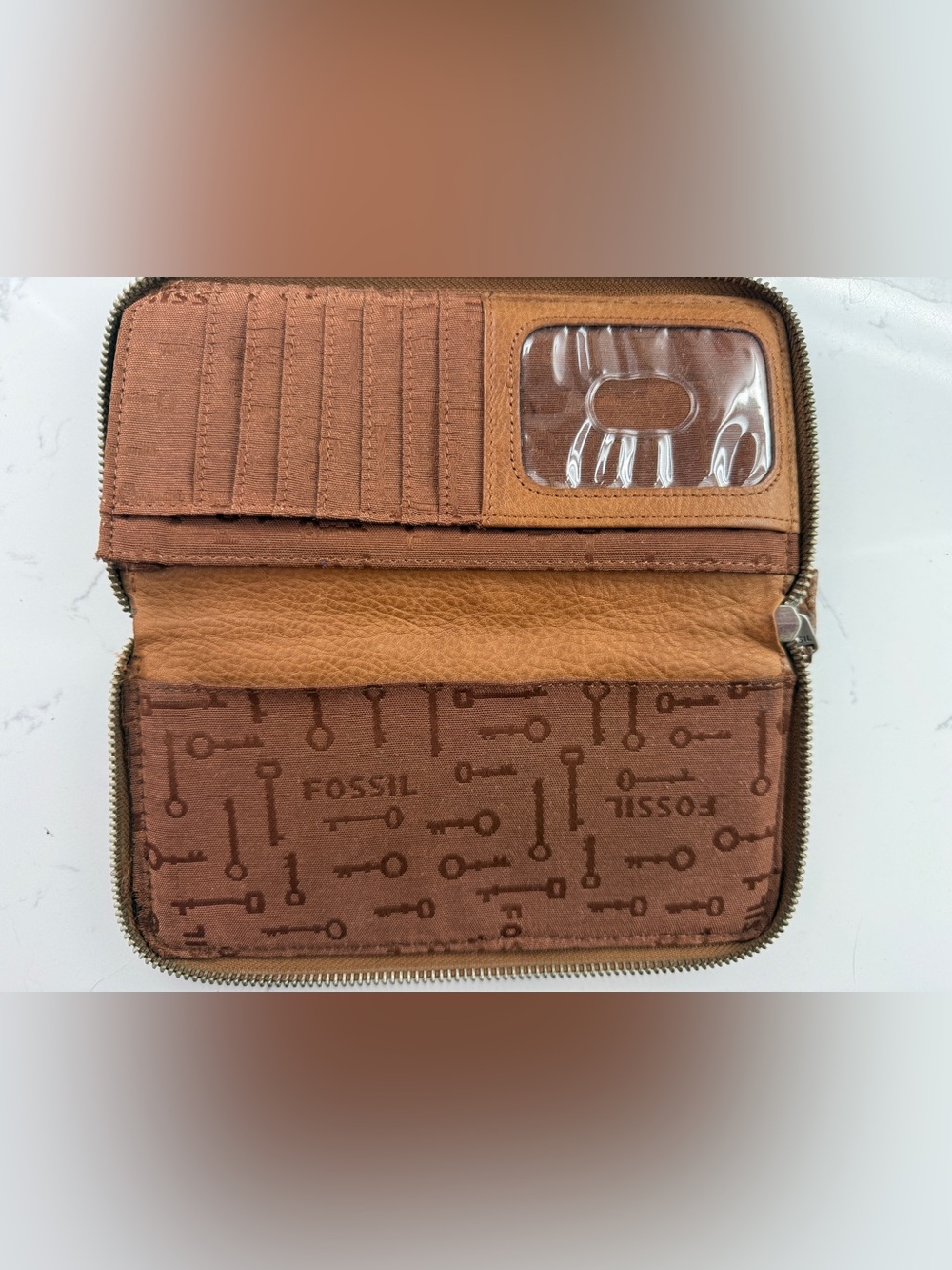 Vintage Fossil Leather Zip Around Wallet Brown Tan Key Print Lining - Picture 16 of 16